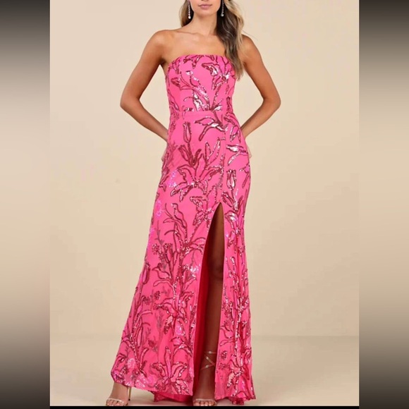 Lulu's Shimmering Icon Hot Pink Sequin Lace-Up Strapless
Maxi Dress - Picture 1 of 11